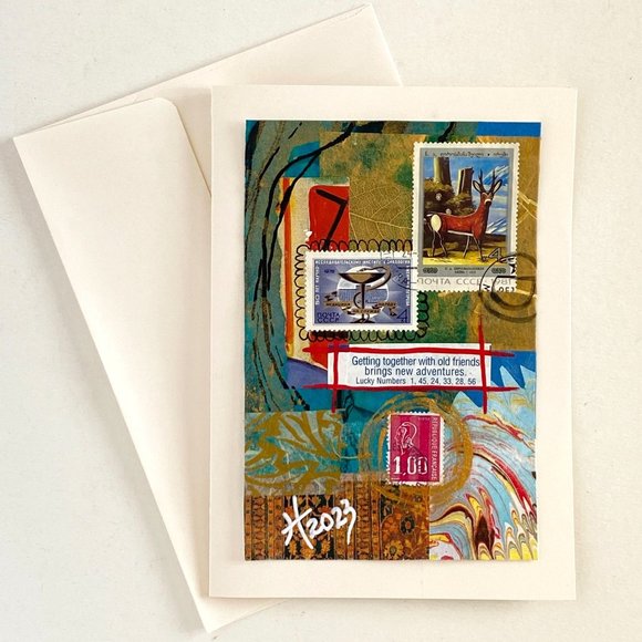 Getting Together Blank Greeting Card Original Handmade Collage Artwork Signed - Picture 5 of 6